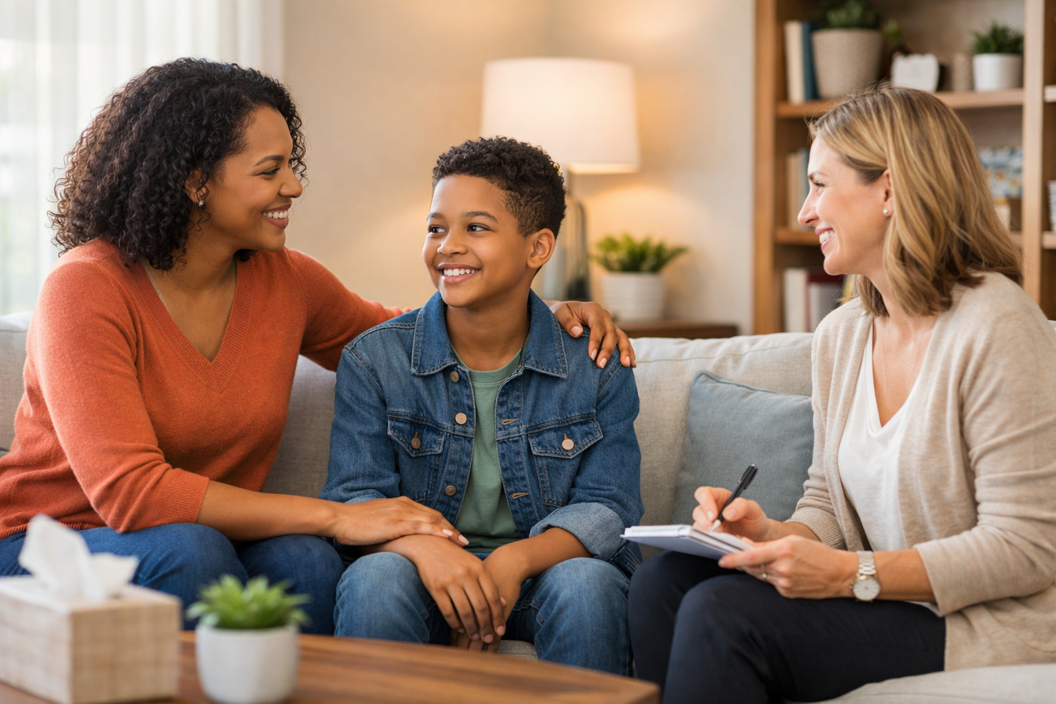 A diverse child or teen talking with a counselor A diverse child or teen talking with a counselor